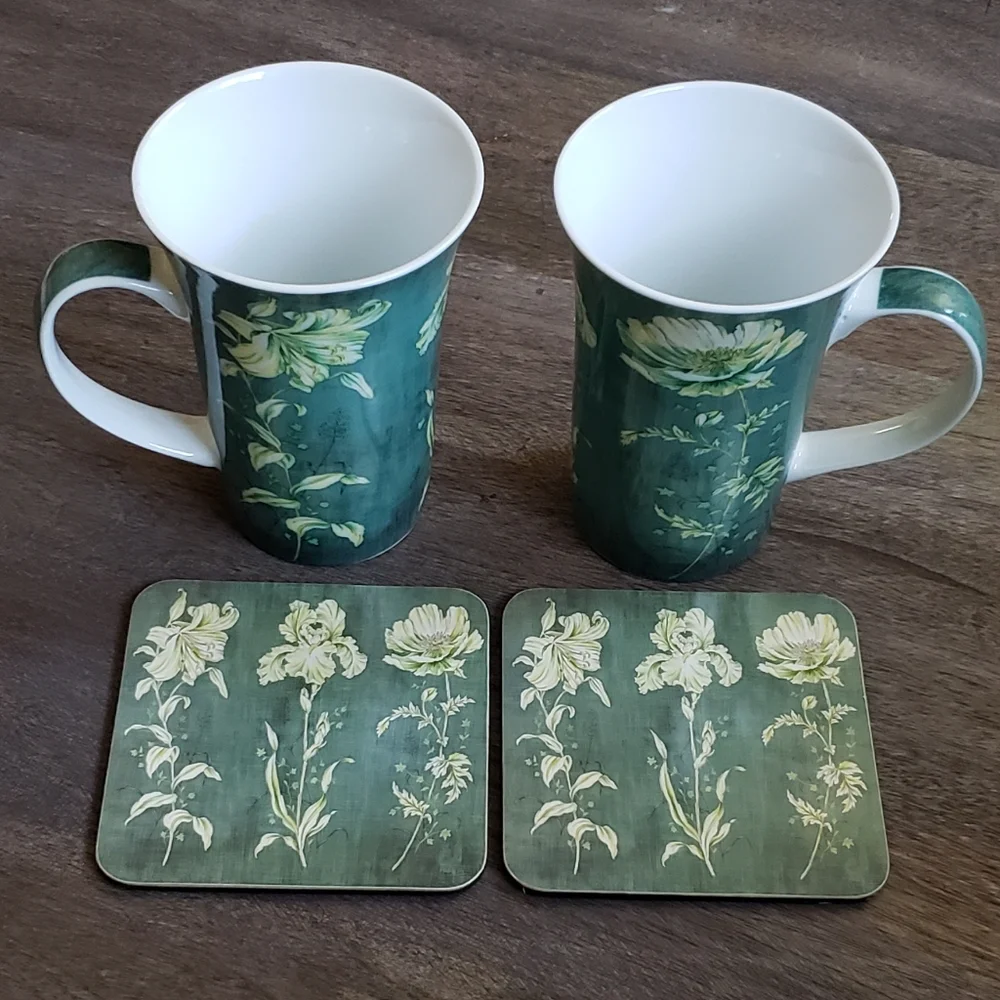 Set of 2 Porcelain Mugs and Matching Coasters